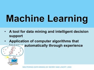 Machine Learning
• A tool for data mining and intelligent decision
  support
• Application of computer algorithms that
  improve automatically through experience




          MASTERING DATA MINING BY BERRY AND LINOFF, 2000
 