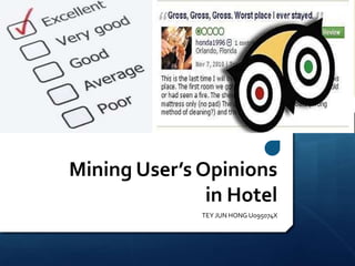Mining User’s Opinions
               in Hotel
              TEY JUN HONG U095074X
 