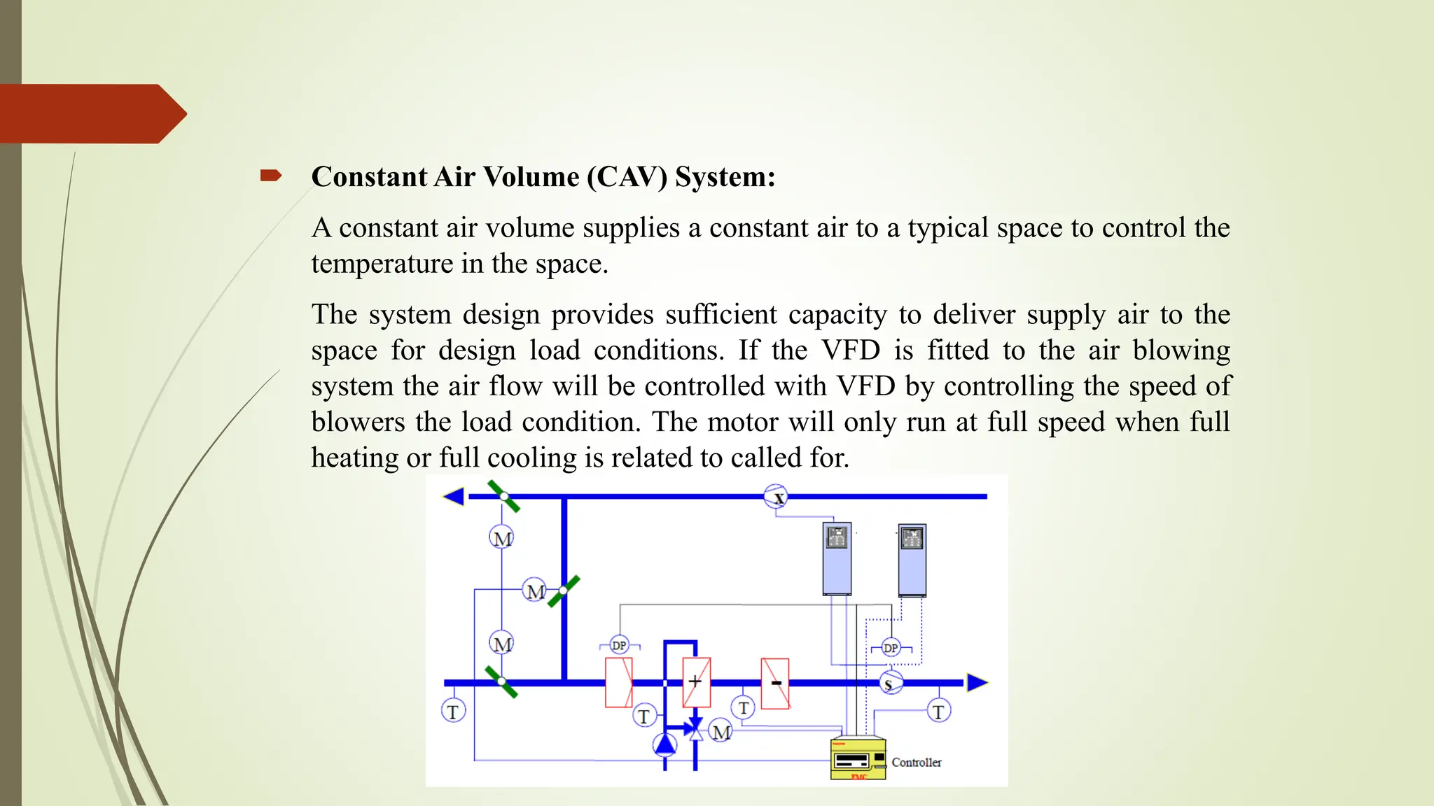  Constant Air Volume (CAV) System:
A constant air volume supplies a constant air to a typical space to control the
temperature in the space.
The system design provides sufficient capacity to deliver supply air to the
space for design load conditions. If the VFD is fitted to the air blowing
system the air flow will be controlled with VFD by controlling the speed of
blowers the load condition. The motor will only run at full speed when full
heating or full cooling is related to called for.
 