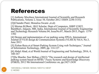 References
14ES38(GL),14ES28,14ES44,14ES112,14ES7
2,14ES6221
[1] Anthony Mwebaze International Journal of Scientific and Research
Publications, Volume 2, Issue 10, October 2012 1ISSN 2250-3153)
[2](Chandni Patel, Monalisa Swami ,et.al)
[3] Shietan B.Dhoti, 1B.E Scholar, Dept of Computers, SSBT COET,
Bambhori, Jalgaon, MH, India, International Journal of Scientific Engineering
and Technology Research Volume.04, IssueNo.07, March-2015, Pages: 1379-
1382
[4] Design and inplementation of car parking using FPGA, International
Journal of VLSI design & Communication Systems (VLSICS) Vol.4, No.3,
June 2013
[5] Zishan Raza et.al Smart Parking System Using web Techniques,” Journal
of Information Technology, 2009, pp. 114-127 .
[6] Abdul Ahad, et.al World Journal of Engineering and Technology, 2016, 4,
160-167
[7]Du Shaobo; Sun Shibao;,(2012) "The research and design of intellectual
parking system based on RFID," Fuzzy Systems and Knowledge Discovery
(FSKD), 2012 9th International Conference on, pp.2427-2430
 