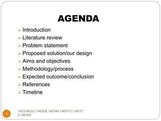 AGENDA
 Introduction
 Literature review
 Problem statement
 Proposed solution/our design
 Aims and objectives
 Methodology/process
 Expected outcome/conclusion
 References
 Timeline
3
14ES38(GL),14ES28,14ES44,14ES112,14ES7
2,14ES62
 