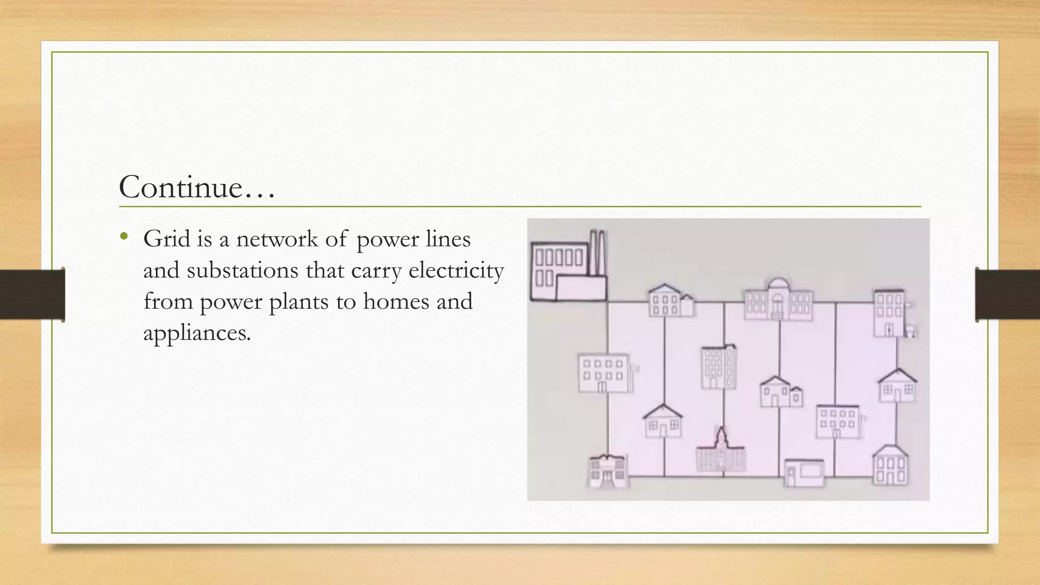 Continue…
• Grid is a network of power lines
and substations that carry electricity
from power plants to homes and
appliances.
 