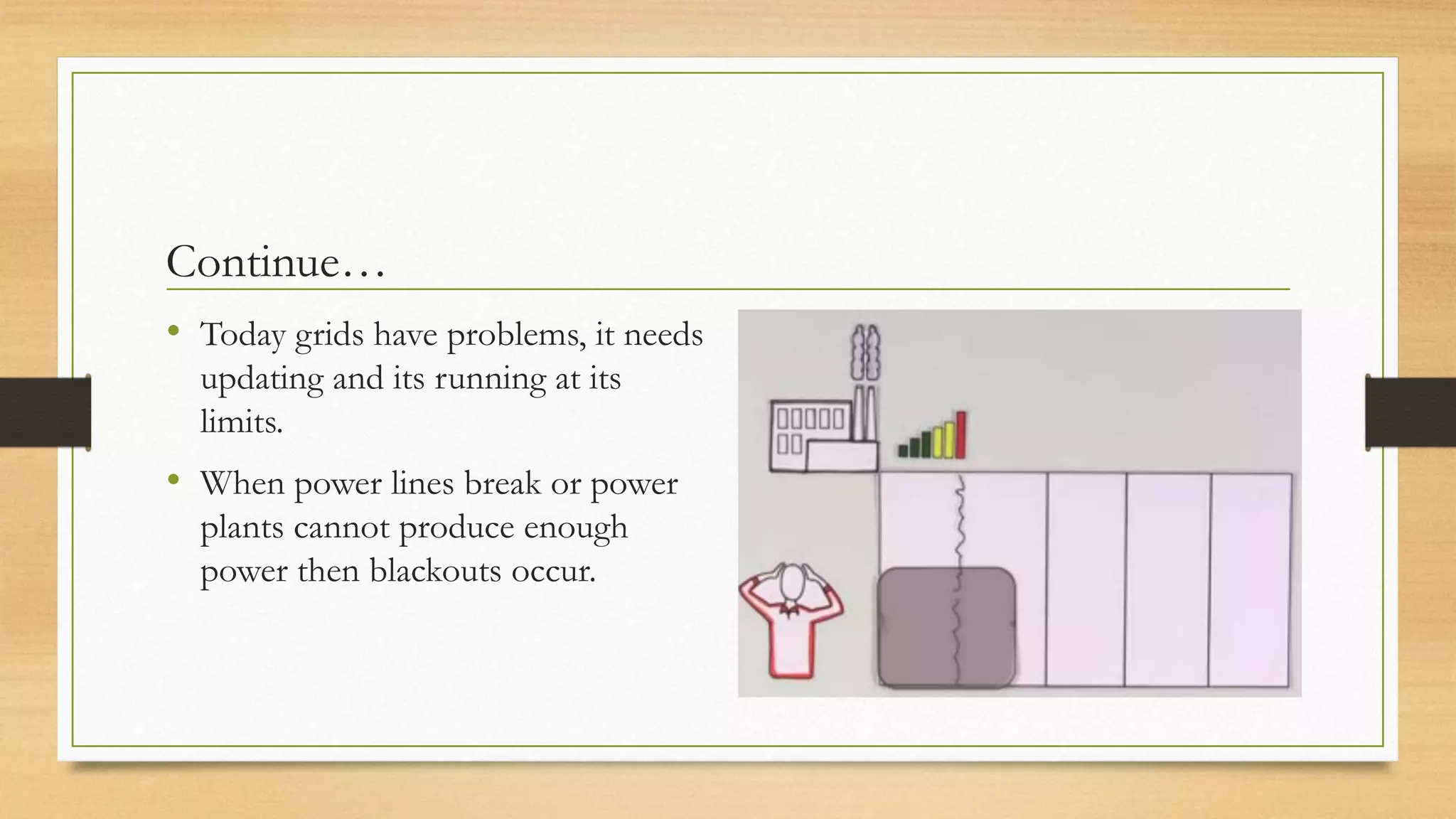 Continue…
• Today grids have problems, it needs
updating and its running at its
limits.
• When power lines break or power
plants cannot produce enough
power then blackouts occur.
 