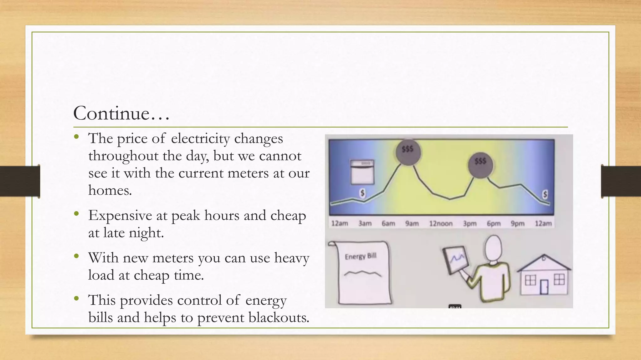 Continue…
• The price of electricity changes
throughout the day, but we cannot
see it with the current meters at our
homes.
• Expensive at peak hours and cheap
at late night.
• With new meters you can use heavy
load at cheap time.
• This provides control of energy
bills and helps to prevent blackouts.
 