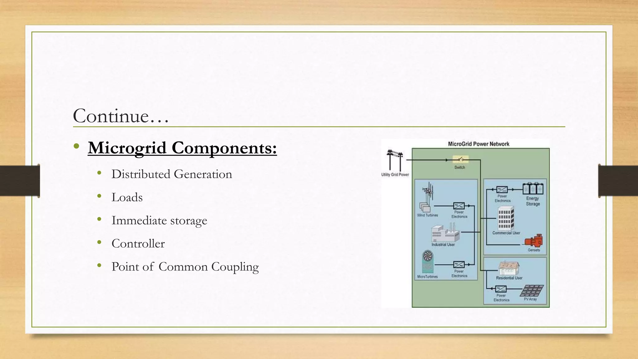 Continue…
• Microgrid Components:
• Distributed Generation
• Loads
• Immediate storage
• Controller
• Point of Common Coupling
 