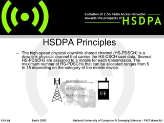 The high-speed physical downlink shared channel (HS-PDSCH) is a downlink physical channel that carries the HS-DSCH user data. Several HS-PDSCHs are assigned to a mobile for each transmission. The maximum number of HS-PDSCHs that can be allocated ranges from 5 to 15 depending on the category of the mobile device.  HSDPA Principles  
