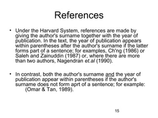 15 
References 
• Under the Harvard System, references are made by 
giving the author's surname together with the year of 
publication. In the text, the year of publication appears 
within parentheses after the author's surname if the latter 
forms part of a sentence; for examples, Ch'ng (1986) or 
Saleh and Zainuddin (1987) or, where there are more 
than two authors, Nagendran et.al (1990). 
• In contrast, both the author's surname and the year of 
publication appear within parentheses if the author's 
surname does not form aprt of a sentence; for example: 
(Omar & Tan, 1989). 
 