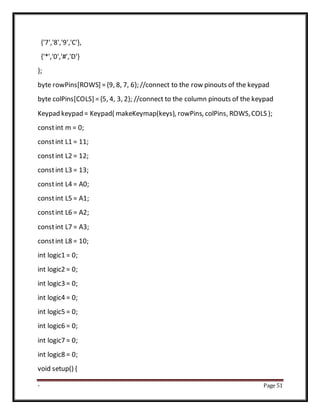 - Page 51
{'7','8','9','C'},
{'*','0','#','D'}
};
byte rowPins[ROWS] ={9, 8, 7, 6}; //connect to the row pinouts of the keypad
byte colPins[COLS] ={5, 4, 3, 2}; //connect to the column pinouts of the keypad
Keypad keypad = Keypad( makeKeymap(keys), rowPins, colPins, ROWS,COLS );
constint m = 0;
constint L1 = 11;
constint L2 = 12;
constint L3 = 13;
constint L4 = A0;
constint L5 = A1;
constint L6 = A2;
constint L7 = A3;
constint L8 = 10;
int logic1 = 0;
int logic2 = 0;
int logic3 = 0;
int logic4 = 0;
int logic5 = 0;
int logic6 = 0;
int logic7 = 0;
int logic8 = 0;
void setup() {
 