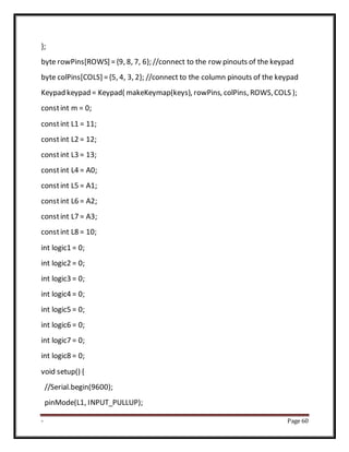 - Page 60
};
byte rowPins[ROWS] ={9, 8, 7, 6}; //connect to the row pinouts of the keypad
byte colPins[COLS] ={5, 4, 3, 2}; //connect to the column pinouts of the keypad
Keypad keypad = Keypad( makeKeymap(keys), rowPins, colPins, ROWS,COLS );
constint m = 0;
constint L1 = 11;
constint L2 = 12;
constint L3 = 13;
constint L4 = A0;
constint L5 = A1;
constint L6 = A2;
constint L7 = A3;
constint L8 = 10;
int logic1 = 0;
int logic2 = 0;
int logic3 = 0;
int logic4 = 0;
int logic5 = 0;
int logic6 = 0;
int logic7 = 0;
int logic8 = 0;
void setup() {
//Serial.begin(9600);
pinMode(L1, INPUT_PULLUP);
 