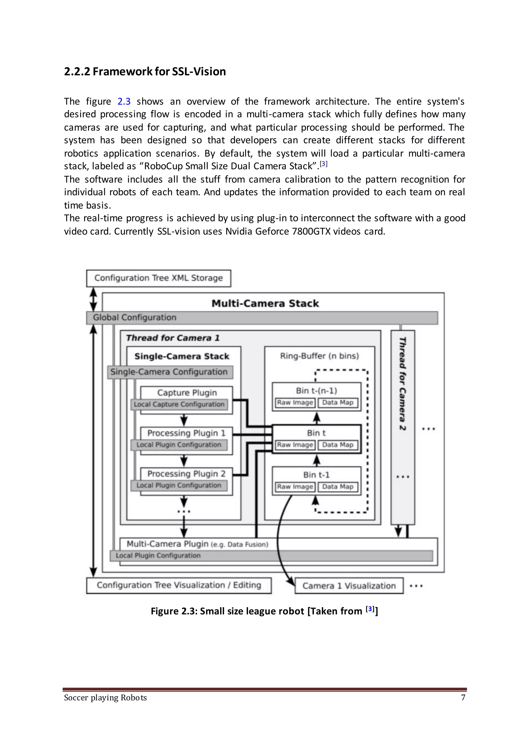 Soccer playing Robots 7
2.2.2 Framework for SSL-Vision
The figure 2.3 shows an overview of the framework architecture. The entire system's
desired processing flow is encoded in a multi-camera stack which fully defines how many
cameras are used for capturing, and what particular processing should be performed. The
system has been designed so that developers can create different stacks for different
robotics application scenarios. By default, the system will load a particular multi-camera
stack, labeled as “RoboCup Small Size Dual Camera Stack”.[3]
The software includes all the stuff from camera calibration to the pattern recognition for
individual robots of each team. And updates the information provided to each team on real
time basis.
The real-time progress is achieved by using plug-in to interconnect the software with a good
video card. Currently SSL-vision uses Nvidia Geforce 7800GTX videos card.
Figure 2.3: Small size league robot [Taken from [3]]
 