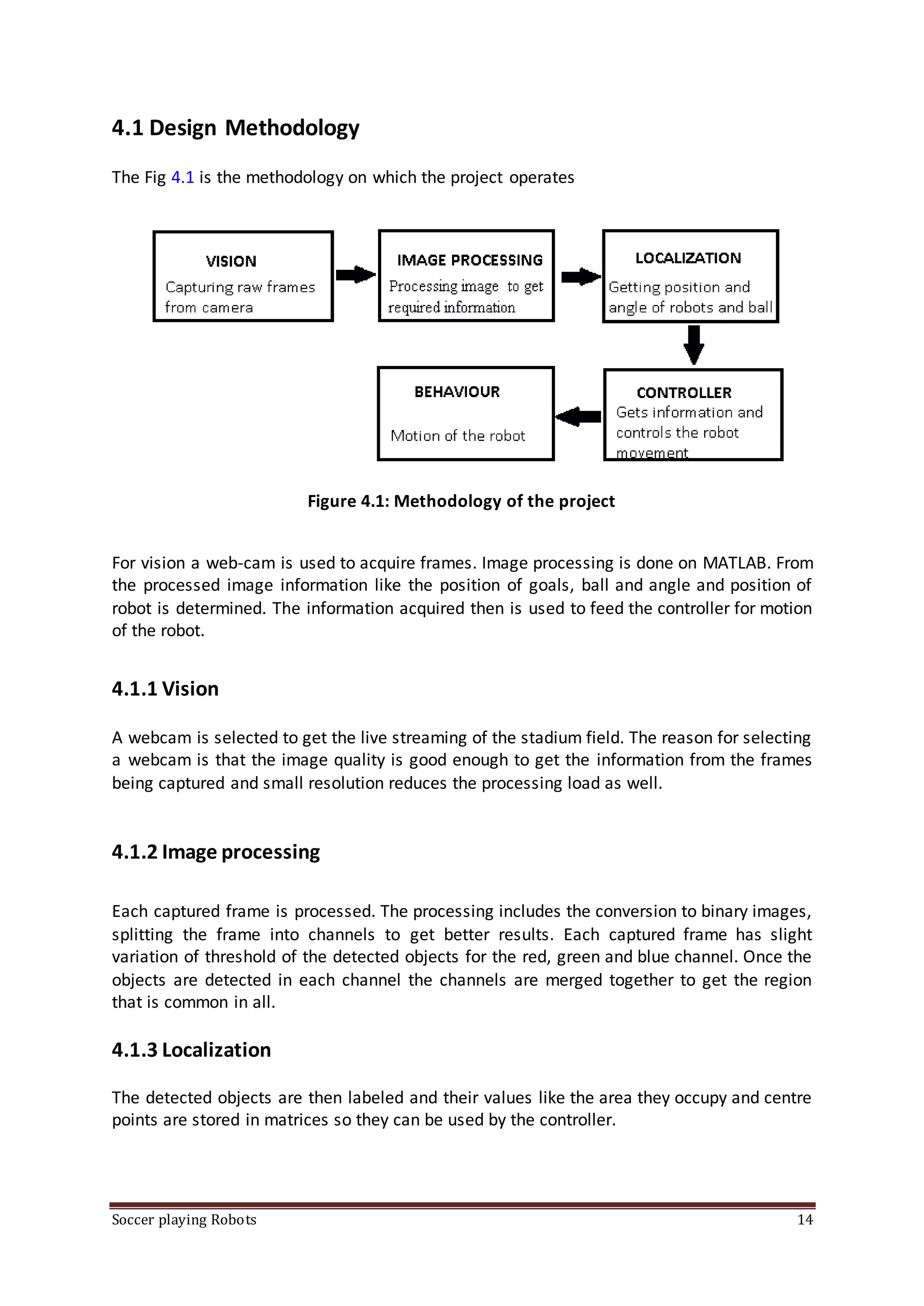 Soccer playing Robots 14
4.1 Design Methodology
The Fig 4.1 is the methodology on which the project operates
Figure 4.1: Methodology of the project
For vision a web-cam is used to acquire frames. Image processing is done on MATLAB. From
the processed image information like the position of goals, ball and angle and position of
robot is determined. The information acquired then is used to feed the controller for motion
of the robot.
4.1.1 Vision
A webcam is selected to get the live streaming of the stadium field. The reason for selecting
a webcam is that the image quality is good enough to get the information from the frames
being captured and small resolution reduces the processing load as well.
4.1.2 Image processing
Each captured frame is processed. The processing includes the conversion to binary images,
splitting the frame into channels to get better results. Each captured frame has slight
variation of threshold of the detected objects for the red, green and blue channel. Once the
objects are detected in each channel the channels are merged together to get the region
that is common in all.
4.1.3 Localization
The detected objects are then labeled and their values like the area they occupy and centre
points are stored in matrices so they can be used by the controller.
 