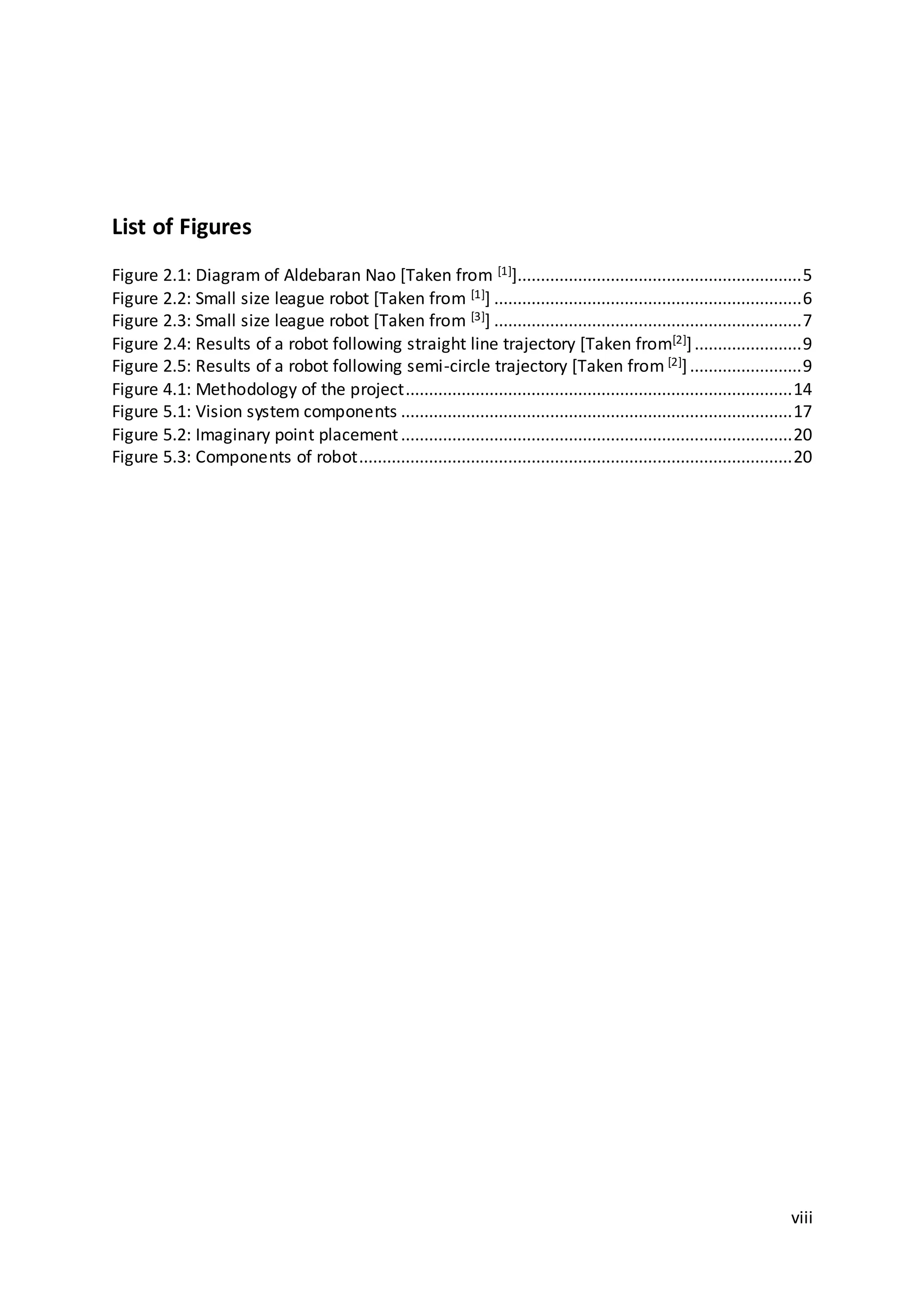 viii
List of Figures
Figure 2.1: Diagram of Aldebaran Nao [Taken from [1]].............................................................5
Figure 2.2: Small size league robot [Taken from [1]] ..................................................................6
Figure 2.3: Small size league robot [Taken from [3]] ..................................................................7
Figure 2.4: Results of a robot following straight line trajectory [Taken from[2]].......................9
Figure 2.5: Results of a robot following semi-circle trajectory [Taken from [2]]........................9
Figure 4.1: Methodology of the project...................................................................................14
Figure 5.1: Vision system components ....................................................................................17
Figure 5.2: Imaginary point placement....................................................................................20
Figure 5.3: Components of robot.............................................................................................20
 