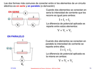 Las dos formas más comunes de conectar entre sí los elementos de un circuito eléctrico es  en serie  y  en paralelo  (o derivación) EN SERIE EN PARALELO Cuando dos elementos se conectan en seria la intensidad de corriente que los recorre es igual para ambos: Cuando dos elementos se conectan en paralelo la intensidad de corriente se reparte entre ellos. La diferencia de potencial aplicada se reparte entre estos elementos: La diferencia de potencial aplicada es la misma en ambos: V 1 V 2 V 2 1 1 2 V V 1 V 2 – – – 