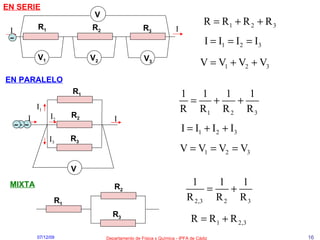 EN SERIE V 1 V 2 V R 2 R 1 R 3 V 3 EN PARALELO R 1 R 2 V R 3 MIXTA R 1 R 2 R 3 I I I I 3 I 2 I 1 I – – – – 