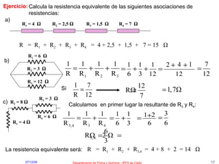 Ejercicio: Calcula la resistencia equivalente de las siguientes asociaciones de resistencias: a) R 1  = 4  Ω R 2  = 2,5  Ω R 3  = 1,5  Ω R 4  = 7  Ω R  =  R 1   +  R 2   +  R 3   +  R 4   =  4 + 2,5  +  1,5  +  7 = 15  Ω   b) R 1  = 6  Ω R 2  = 3  Ω R 3  = 12  Ω Si c) R 1  = 4  Ω R 2  = 8  Ω R 3  = 3  Ω R 4  = 6  Ω R  =  R 1   +  R 2   +  R 3,4   =  4 + 8  +  2  = 14  Ω   Calculamos  en primer lugar la resultante de R 3  y R 4 : La resistencia equivalente será: 