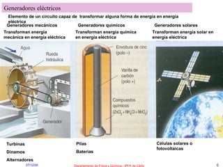 Generadores eléctricos Elemento de un circuito capaz de  transformar alguna forma de energía en energía eléctrica Generadores mecánicos Generadores químicos Generadores solares Transforman energía mecánica en energía eléctrica Transforman energía química en energía eléctrica Transforman energía solar en energía eléctrica Turbinas Dinamos Alternadores Pilas Baterias Células solares o fotovoltaicas 