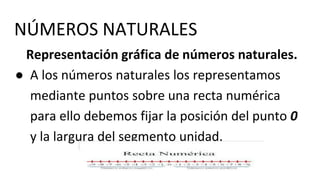NÚMEROS NATURALES
Representación gráfica de números naturales.
● A los números naturales los representamos
mediante puntos sobre una recta numérica
para ello debemos fijar la posición del punto 0
y la largura del segmento unidad.
 