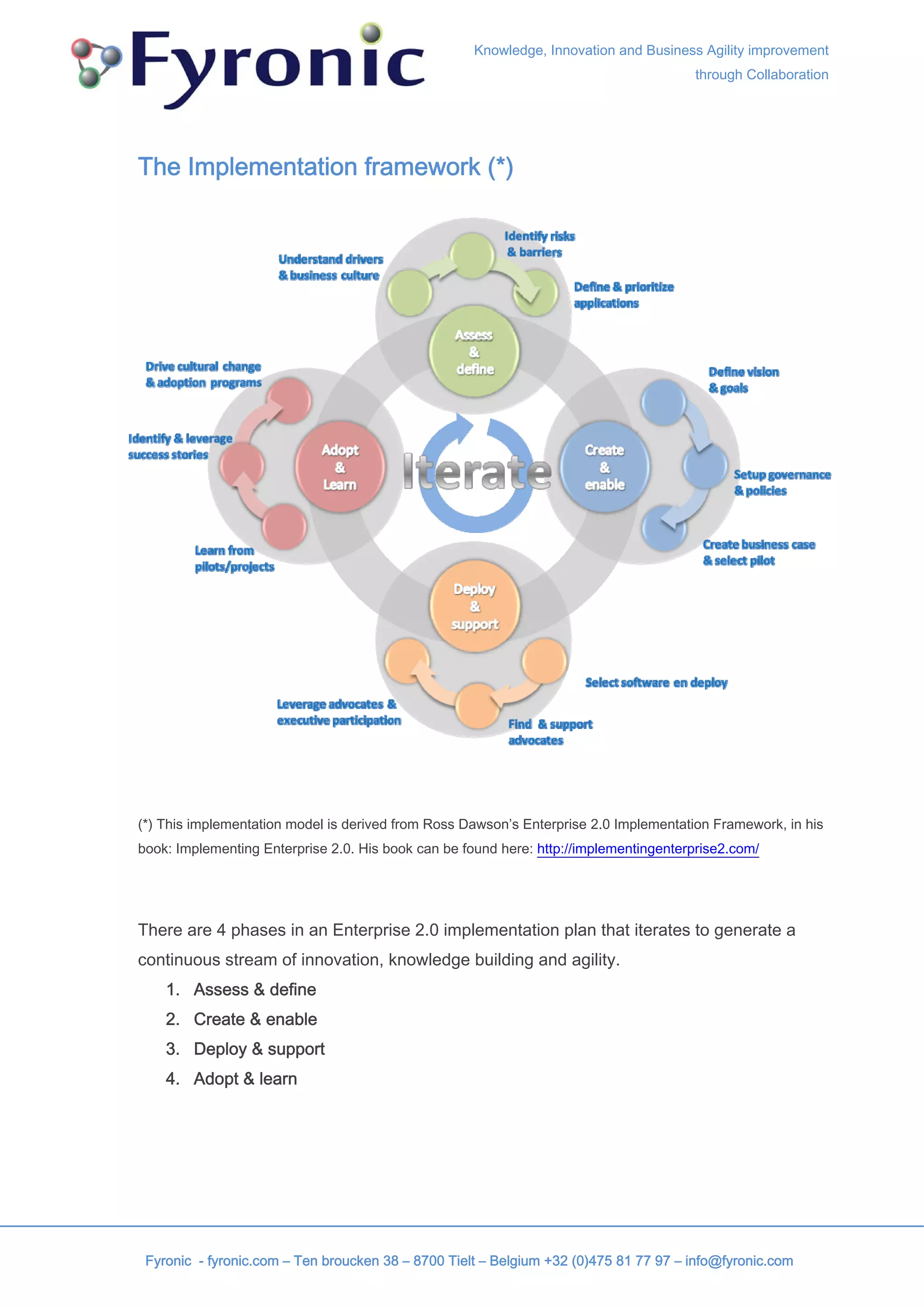Knowledge, Innovation and Business Agility improvement
                                                                                       through Collaboration




The Implementation framework (*)




(*) This implementation model is derived from Ross Dawson’s Enterprise 2.0 Implementation Framework, in his
book: Implementing Enterprise 2.0. His book can be found here: http://implementingenterprise2.com/




There are 4 phases in an Enterprise 2.0 implementation plan that iterates to generate a
continuous stream of innovation, knowledge building and agility.
    1. Assess & define
    2. Create & enable
    3. Deploy & support
    4. Adopt & learn




 Fyronic - fyronic.com – Ten broucken 38 – 8700 Tielt – Belgium +32 (0)475 81 77 97 – info@fyronic.com
 