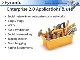 Social Media Vs Enterprise 2.0 Although both use WEB 2.0 concepts and tools, they are different.Enterprise 2.0 Social MediaInternal FacingFirewallBusinessknowledge captureproductivity & efficiencywiki, blog, social bookmarks, chatInnovation External  Facing Open to the worldSocialsharing random thingsPass-time & leisuresocial networks and "cool interactive" websitesFree Creation & reuse