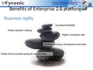 Benefits of Enterprise 2.0 platformsStakeholder engagement Fun factor Greater customer engagementBetter internal and external communicationGreater staff engagementMore learning & development Better collaborationEnhanced collaborative behaviour