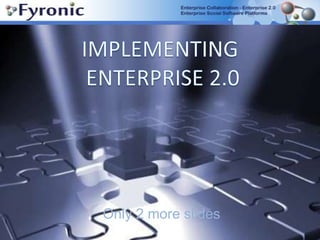 Benefits of Enterprise 2.0 platformsKnowledge creation and retaining Easier and wider access to expertise and  organisational capabilities Enhanced search  (faster & more accurate) Capture & store activities, conversations, opinions ... Reuse, combine, harness... 