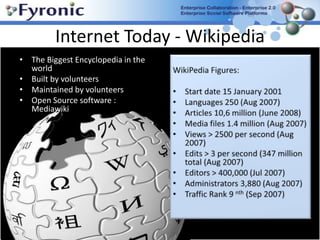 Internet Today - WikipediaWikiPedia Figures: Start date 15 January 2001Languages 250 (Aug 2007) Articles 10,6 million (June 2008) Media files 1.4 million (Aug 2007) Views > 2500 per second (Aug 2007) Edits > 3 per second (347 million total (Aug 2007) Editors > 400,000 (Jul 2007)Administrators 3,880 (Aug 2007) Traffic Rank 9 nth (Sep 2007)The Biggest Encyclopedia in the world Built by volunteersMaintained by volunteers Open Source software : Mediawiki 