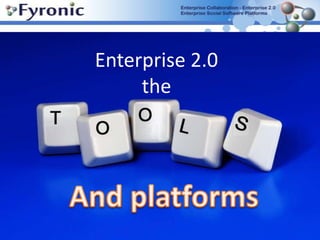 Social Media Vs Enterprise 2.0 Although both use WEB 2.0 concepts and tools, they are different.Enterprise 2.0 Social MediaInternal FacingFirewallBusinessknowledge captureproductivity & efficiencywiki, blog, social bookmarks, chatInnovation External  Facing Open to the worldSocialsharing random thingsPass-time & leisuresocial networks and "cool interactive" websitesFree Creation & reuse