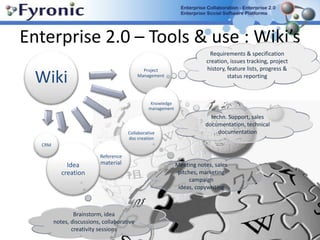 Enterprise 2.0 – Tools & use : Rating / commentingInteraction with topic experts gathering internal/external opinions Engage with ... Basis of crowdcasting systemsDiscussing topics, documents, ideas