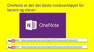 OneNote er det det beste notatverktøyet for
lærere og elever:
2013 http://www.fag.hiof.no/lu/fag/ikt/film/onenote2013/index.html
2010 http://www.fag.hiof.no/lu/fag/ikt/film/onenote/index.html
 