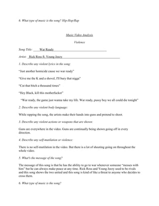 6. What type of music is the song? Hip-Hop/Rap
Music Video Analysis
Violence
Song Title: ____War Ready__________________________________
Artist: _Rick Ross ft. Young Jeezy_____________________________________
1. Describe any violent lyrics in the song:
“Just another homicide cause we war ready”
“Give me the K and a shovel, I'll bury that nigga”
“Cut that bitch a thousand times”
“Hey Black, kill this motherfucker”
“War ready, the game just wanna take my life. War ready, pussy boy we all could die tonight”
2. Describe any violent body language:
While rapping the song, the artists make their hands into guns and pretend to shoot.
3. Describe any violent actions or weapons that are shown:
Guns are everywhere in the video. Guns are continually being shown going off in every
direction.
4. Describe any self-mutilation or violence:
There is no self-mutilation in the video. But there is a lot of shooting going on throughout the
whole video.
5. What³s the message of the song?
The message of this song is that he has the ability to go to war whenever someone “messes with
him” but he can always make peace at any time. Rick Ross and Young Jeezy used to be rivals
and this song shows the two united and this song is kind of like a threat to anyone who decides to
cross them.
6. What type of music is the song?
 