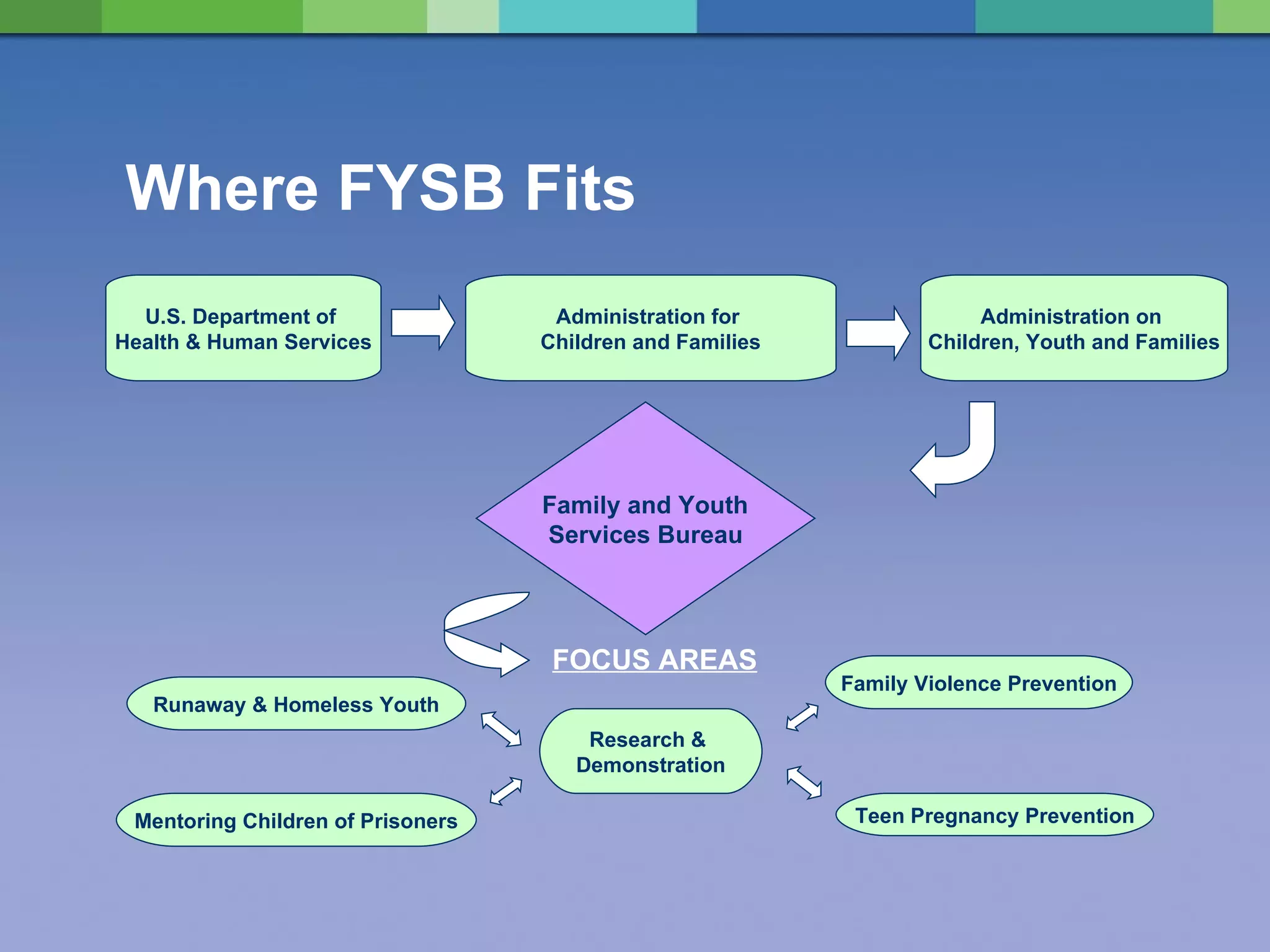 Where FYSB Fits Administration on  Children, Youth and Families Research &  Demonstration Family and Youth  Services Bureau Runaway & Homeless Youth Family Violence Prevention Teen Pregnancy Prevention Mentoring Children of Prisoners Administration for  Children and Families U.S. Department of  Health & Human Services FOCUS AREAS 