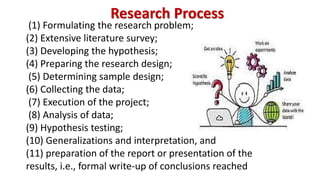 (1) Formulating the research problem;
(2) Extensive literature survey;
(3) Developing the hypothesis;
(4) Preparing the research design;
(5) Determining sample design;
(6) Collecting the data;
(7) Execution of the project;
(8) Analysis of data;
(9) Hypothesis testing;
(10) Generalizations and interpretation, and
(11) preparation of the report or presentation of the
results, i.e., formal write-up of conclusions reached
Research Process
 