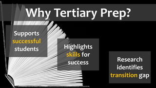 Why Tertiary Prep?
Supports
successful
students Highlights
skills for
success Research
identifies
transition gap
 