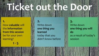 Ticket out the Door
1.
How valuable will
the information
from this session
be for your own
learning?
1 - 5
2.
Write down
one thing you
learned
today that you
didn’t know before
3.
Write down
one thing you will
do
as a result of today’s
session
 