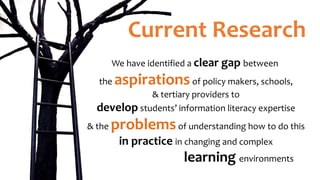 Current Research
We have identified a clear gap between
the aspirationsof policy makers, schools,
& tertiary providers to
develop students’ information literacy expertise
& the problemsof understanding how to do this
in practice in changing and complex
learning environments
 