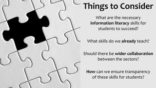 Things to Consider
What are the necessary
information literacy skills for
students to succeed?
What skills do we already teach?
Should there be wider collaboration
between the sectors?
How can we ensure transparency
of these skills for students?
 