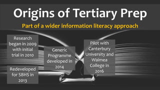 Origins of Tertiary Prep
Part of a wider information literacy approach
Research
began in 2009
with initial
trial in 2010
Redeveloped
for SBHS in
2013
Generic
Programme
developed in
2014
Pilot with
Canterbury
University and
Waimea
College in
2016
 