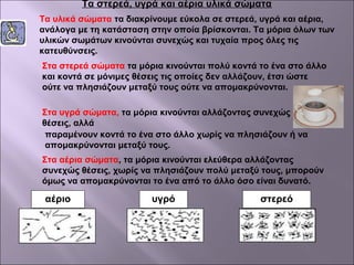 Τα στερεά, υγρά και αέρια υλικά σώματα
Τα υλικά σώματα τα διακρίνουμε εύκολα σε στερεά, υγρά και αέρια,
ανάλογα με τη κατάσταση στην οποία βρίσκονται. Τα μόρια όλων των
υλικών σωμάτων κινούνται συνεχώς και τυχαία προς όλες τις
κατευθύνσεις.
Στα στερεά σώματα τα μόρια κινούνται πολύ κοντά το ένα στο άλλο
και κοντά σε μόνιμες θέσεις τις οποίες δεν αλλάζουν, έτσι ώστε
ούτε να πλησιάζουν μεταξύ τους ούτε να απομακρύνονται.
Στα υγρά σώματα, τα μόρια κινούνται αλλάζοντας συνεχώς
θέσεις, αλλά
παραμένουν κοντά το ένα στο άλλο χωρίς να πλησιάζουν ή να
απομακρύνονται μεταξύ τους.
Στα αέρια σώματα, τα μόρια κινούνται ελεύθερα αλλάζοντας
συνεχώς θέσεις, χωρίς να πλησιάζουν πολύ μεταξύ τους, μπορούν
όμως να απομακρύνονται το ένα από το άλλο όσο είναι δυνατό.

αέριο

υγρό

στερεό

 