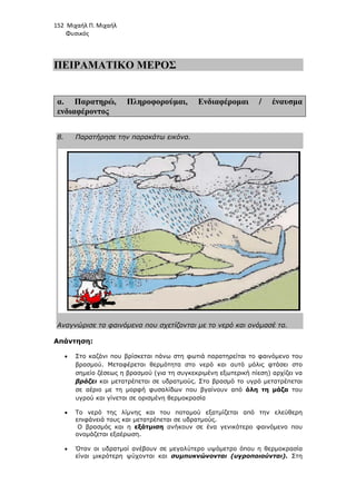 152 Μιχαήλ Π. Μιχαήλ
Φυσικός
ΠΕΙΡΑΜΑΤΙΚΟ ΜΕΡΟΣ
α. Παρατηρώ, Πληροφορούµαι, Ενδιαφέροµαι / έναυσµα
ενδιαφέροντος
8. Παρατήρησε την παρακάτω εικόνα.
Αναγνώρισε τα φαινόµενα που σχετίζονται µε το νερό και ονόµασέ τα.
Απάντηση:
• Στο καζάνι που βρίσκεται πάνω στη φωτιά παρατηρείται το φαινόµενο του
βρασµού. Μεταφέρεται θερµότητα στο νερό και αυτό µόλις φτάσει στο
σηµείο ζέσεως η βρασµού (για τη συγκεκριµένη εξωτερική πίεση) αρχίζει να
βράζει και µετατρέπεται σε υδρατµούς. Στο βρασµό το υγρό µετατρέπεται
σε αέριο µε τη µορφή φυσαλίδων που βγαίνουν από όλη τη µάζα του
υγρού και γίνεται σε ορισµένη θερµοκρασία
• Το νερό της λίµνης και του ποταµού εξατµίζεται από την ελεύθερη
επιφάνειά τους και µετατρέπεται σε υδρατµούς.
Ο βρασµός και η εξάτµιση ανήκουν σε ένα γενικότερο φαινόµενο που
ονοµάζεται εξαέρωση.
• Όταν οι υδρατµοί ανέβουν σε µεγαλύτερο υψόµετρο όπου η θερµοκρασία
είναι µικρότερη ψύχονται και συµπυκνώνονται (υγροποιούνται). Στη
 