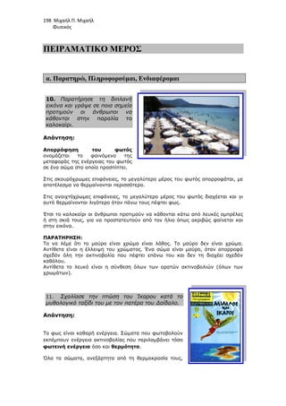 198 Μιχαήλ Π. Μιχαήλ
Φυσικός
ΠΕΙΡΑΜΑΤΙΚΟ
α. Παρατηρώ, Πληροφορούµαι
10. Παρατήρησε τη διπλανή
εικόνα και γράψε σε ποια σηµεία
προτιµούν οι άνθρωποι να
κάθονται στην παραλία το
καλοκαίρι.
Απάντηση:
Απορρόφηση του
ονοµάζεται το φαινόµενο της
µεταφοράς της ενέργειας του φωτός
σε ένα σώµα στο οποίο προσπίπτει
Στις σκουρόχρωµες επιφάνειες, το µεγαλύτερο µέρος του φωτός απορροφάται, µε
αποτέλεσµα να θερµαίνονται περισσότερο.
Στις ανοιχτόχρωµες επιφάνειες, το µεγαλύτ
αυτό θερµαίνονται λιγότερο όταν πάνω τους πέφτει φως.
Έτσι το καλοκαίρι οι άνθρωποι προτιµούν να κάθονται κάτω από λευκές οµπρέλες
ή στη σκιά τους, για να προστατευτούν από τον ήλιο
στην εικόνα.
ΠΑΡΑΤΗΡΗΣΗ:
Το να λέµε ότι το µαύρο
Αντίθετα είναι η έλλειψη του χρώµατος. Ένα σώµα είναι µαύρο, όταν απορροφά
σχεδόν όλη την ακτινοβολία που πέφτει επάνω του και δεν
καθόλου.
Αντίθετα το λευκό είναι η σύνθεση όλων των ορατών ακτινοβολιών (όλων των
χρωµάτων).
11. Σχολίασε την πτώση του Ίκαρου κατά το
µυθολογικό ταξίδι του µε τον πατέρα του ∆αίδαλο.
Απάντηση:
Το φως είναι καθαρή ενέργεια.
εκπέµπουν ενέργεια ακτινοβολίας που περιλαµβάνει τόσο
φωτεινή ενέργεια όσο και
Όλα τα σώµατα, ανεξάρτητα από τη θερµοκρασία τους,
Φυσικός
ΠΕΙΡΑΜΑΤΙΚΟ ΜΕΡΟΣ
Πληροφορούµαι, Ενδιαφέροµαι
Παρατήρησε τη διπλανή
εικόνα και γράψε σε ποια σηµεία
προτιµούν οι άνθρωποι να
στην παραλία το
φωτός
ονοµάζεται το φαινόµενο της
µεταφοράς της ενέργειας του φωτός
στο οποίο προσπίπτει.
Στις σκουρόχρωµες επιφάνειες, το µεγαλύτερο µέρος του φωτός απορροφάται, µε
αποτέλεσµα να θερµαίνονται περισσότερο.
Στις ανοιχτόχρωµες επιφάνειες, το µεγαλύτερο µέρος του φωτός διαχέεται και γι
αυτό θερµαίνονται λιγότερο όταν πάνω τους πέφτει φως.
το καλοκαίρι οι άνθρωποι προτιµούν να κάθονται κάτω από λευκές οµπρέλες
ή στη σκιά τους, για να προστατευτούν από τον ήλιο όπως ακριβώς φαίνεται και
το µαύρο είναι χρώµα είναι λάθος. Το µαύρο δεν είναι χρώµα.
Αντίθετα είναι η έλλειψη του χρώµατος. Ένα σώµα είναι µαύρο, όταν απορροφά
σχεδόν όλη την ακτινοβολία που πέφτει επάνω του και δεν τη διαχέει σχεδόν
Αντίθετα το λευκό είναι η σύνθεση όλων των ορατών ακτινοβολιών (όλων των
Σχολίασε την πτώση του Ίκαρου κατά το
µυθολογικό ταξίδι του µε τον πατέρα του ∆αίδαλο.
Το φως είναι καθαρή ενέργεια. Σώµατα που φωτοβολούν
ια ακτινοβολίας που περιλαµβάνει τόσο
όσο και θερµότητα.
Όλα τα σώµατα, ανεξάρτητα από τη θερµοκρασία τους,
Φυσικός
Στις σκουρόχρωµες επιφάνειες, το µεγαλύτερο µέρος του φωτός απορροφάται, µε
ερο µέρος του φωτός διαχέεται και γι
το καλοκαίρι οι άνθρωποι προτιµούν να κάθονται κάτω από λευκές οµπρέλες
όπως ακριβώς φαίνεται και
είναι λάθος. Το µαύρο δεν είναι χρώµα.
Αντίθετα είναι η έλλειψη του χρώµατος. Ένα σώµα είναι µαύρο, όταν απορροφά
διαχέει σχεδόν
Αντίθετα το λευκό είναι η σύνθεση όλων των ορατών ακτινοβολιών (όλων των
 