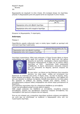 Μιχαήλ Π. Μιχαήλ
Φυσικός
201
θερµοκρασία και σηµείωσέ τη στον πίνακα. Στη συνέχεια άναψε τον λαµπτήρα,
µέτρησε τη θερµοκρασία µετά από µερικά λεπτά και σηµείωσέ τη στον πίνακα.
Σύγκρινε τις θερµοκρασίες. Τι παρατηρείς;
Απάντηση:
Πείραµα 1
Παρατίθενται µερικές ενδεικτικές τιµές οι οποίες έχουν ληφθεί µε φωτισµό από
ηλεκτρικό λαµπτήρα πυράκτωσης.
Λαµπτήρες πυρακτώσεως: Είδος προς απόσυρση. Ο Τόµας Έντισον έβαλε τη λάµπα
πυρακτώσεως για πρώτη φορά στο εµπόριο το 1879. Μετά από 130 χρόνια
θερµικής και φωτεινής προσφοράς η λάµπα πυρακτώσεως
αποσύρεται παραχωρών
λαµπτήρες µε πολύ χαµηλότερα ποσά ενεργειακής
υποβάθµισης. Η λάµπα καταναλώνει ηλεκτρική ενέργεια
που την µετατρέπει σε
θερµότητα.
Με ποιο τρόπο µια λάµπα για όσο διάστηµα είναι αναµµένη
ζεσταίνει τον γύρο χώρο καθώς και αντικείµενα που
βρίσκονται σε απόσταση από αυτήν
φλόγα διαρκώς ακτινοβολεί. Ένα µέρος αυτής της ακτινοβολίας όταν φθάσει στο
µάτι µας προκαλεί το αίσθηµα της όρασης, δηλαδή είναι
δεν προκαλεί το αίσθηµα της όρασης, δηλαδή είναι αόρατο. Επίσης η
ακτινοβολούµενη ενέργεια καθώς απορροφάται από κάποιο σώµα µετατρέπεται σε
θερµότητα.
Στις παραπάνω περιπτώσεις λέµε ότι η θερµότητα διαδίδεται µε ακτινοβολία
Γενικά, µια ακτινοβολία µπορεί να είναι ορατή ή αόρατη.
Κάθε µορφή ενέργειας που διαδίδεται µε ακτινοβολία, ονοµάζεται ενέργεια
ακτινοβολίας. Σώµατα που φωτοβολούν εκπέµπουν ενέργεια ακτινοβολίας που
περιλαµβάνει τόσο φωτεινή ενέργεια όσο και θερµική.
Έτσι και στο πείραµά µας ο αναµµένος λαµπτήρας εκπέµπει ενέργεια ακτινοβολίας
και αυτό έχει ως αποτέλεσµα να ανεβαίνει η θερµοκρασία κάτω από τον
πυρακτωµένο λαµπτήρα.
Φυσικός
θερµοκρασία και σηµείωσέ τη στον πίνακα. Στη συνέχεια άναψε τον λαµπτήρα,
µέτρησε τη θερµοκρασία µετά από µερικά λεπτά και σηµείωσέ τη στον πίνακα.
Σύγκρινε τις θερµοκρασίες. Τι παρατηρείς;
Παρατίθενται µερικές ενδεικτικές τιµές οι οποίες έχουν ληφθεί µε φωτισµό από
ηλεκτρικό λαµπτήρα πυράκτωσης.
Λαµπτήρες πυρακτώσεως: Είδος προς απόσυρση. Ο Τόµας Έντισον έβαλε τη λάµπα
πυρακτώσεως για πρώτη φορά στο εµπόριο το 1879. Μετά από 130 χρόνια
θερµικής και φωτεινής προσφοράς η λάµπα πυρακτώσεως
αποσύρεται παραχωρώντας τη θέση της σε άλλους είδους
λαµπτήρες µε πολύ χαµηλότερα ποσά ενεργειακής
υποβάθµισης. Η λάµπα καταναλώνει ηλεκτρική ενέργεια
που την µετατρέπει σε θερµική, φωτεινή ενέργεια και
θερµότητα.
Με ποιο τρόπο µια λάµπα για όσο διάστηµα είναι αναµµένη
εσταίνει τον γύρο χώρο καθώς και αντικείµενα που
βρίσκονται σε απόσταση από αυτήν; Η λάµπα, όπως και όλα τα σώµατα, ήλιος,
φλόγα διαρκώς ακτινοβολεί. Ένα µέρος αυτής της ακτινοβολίας όταν φθάσει στο
µάτι µας προκαλεί το αίσθηµα της όρασης, δηλαδή είναι ορατό και ένα άλλο µέρος
δεν προκαλεί το αίσθηµα της όρασης, δηλαδή είναι αόρατο. Επίσης η
ακτινοβολούµενη ενέργεια καθώς απορροφάται από κάποιο σώµα µετατρέπεται σε
Στις παραπάνω περιπτώσεις λέµε ότι η θερµότητα διαδίδεται µε ακτινοβολία
, µια ακτινοβολία µπορεί να είναι ορατή ή αόρατη.
Κάθε µορφή ενέργειας που διαδίδεται µε ακτινοβολία, ονοµάζεται ενέργεια
ακτινοβολίας. Σώµατα που φωτοβολούν εκπέµπουν ενέργεια ακτινοβολίας που
περιλαµβάνει τόσο φωτεινή ενέργεια όσο και θερµική.
στο πείραµά µας ο αναµµένος λαµπτήρας εκπέµπει ενέργεια ακτινοβολίας
και αυτό έχει ως αποτέλεσµα να ανεβαίνει η θερµοκρασία κάτω από τον
Φυσικός
θερµοκρασία και σηµείωσέ τη στον πίνακα. Στη συνέχεια άναψε τον λαµπτήρα,
µέτρησε τη θερµοκρασία µετά από µερικά λεπτά και σηµείωσέ τη στον πίνακα.
Παρατίθενται µερικές ενδεικτικές τιµές οι οποίες έχουν ληφθεί µε φωτισµό από
Λαµπτήρες πυρακτώσεως: Είδος προς απόσυρση. Ο Τόµας Έντισον έβαλε τη λάµπα
πυρακτώσεως για πρώτη φορά στο εµπόριο το 1879. Μετά από 130 χρόνια
θερµικής και φωτεινής προσφοράς η λάµπα πυρακτώσεως
τας τη θέση της σε άλλους είδους
λαµπτήρες µε πολύ χαµηλότερα ποσά ενεργειακής
υποβάθµισης. Η λάµπα καταναλώνει ηλεκτρική ενέργεια
ερµική, φωτεινή ενέργεια και
Με ποιο τρόπο µια λάµπα για όσο διάστηµα είναι αναµµένη
εσταίνει τον γύρο χώρο καθώς και αντικείµενα που
Η λάµπα, όπως και όλα τα σώµατα, ήλιος,
φλόγα διαρκώς ακτινοβολεί. Ένα µέρος αυτής της ακτινοβολίας όταν φθάσει στο
ορατό και ένα άλλο µέρος
δεν προκαλεί το αίσθηµα της όρασης, δηλαδή είναι αόρατο. Επίσης η
ακτινοβολούµενη ενέργεια καθώς απορροφάται από κάποιο σώµα µετατρέπεται σε
Στις παραπάνω περιπτώσεις λέµε ότι η θερµότητα διαδίδεται µε ακτινοβολία
Κάθε µορφή ενέργειας που διαδίδεται µε ακτινοβολία, ονοµάζεται ενέργεια
ακτινοβολίας. Σώµατα που φωτοβολούν εκπέµπουν ενέργεια ακτινοβολίας που
στο πείραµά µας ο αναµµένος λαµπτήρας εκπέµπει ενέργεια ακτινοβολίας
και αυτό έχει ως αποτέλεσµα να ανεβαίνει η θερµοκρασία κάτω από τον
 