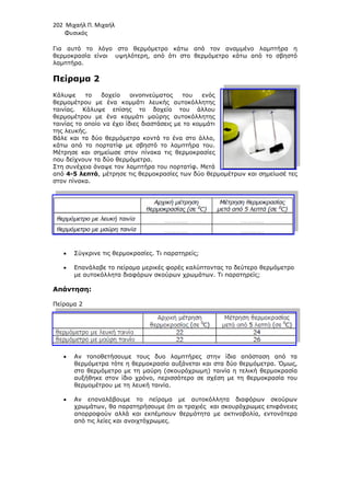 202 Μιχαήλ Π. Μιχαήλ
Φυσικός
Για αυτό το λόγο στο θερµόµετρο κάτω από τον αναµµένο λαµπτήρα η
θερµοκρασία είναι υψηλότερη, α
λαµπτήρα.
Πείραµα 2
Κάλυψε τo δοχείο οινοπνεύµατος του ενός
θερµοµέτρου µε ένα κοµµάτι λευκής αυτοκόλλητης
ταινίας. Κάλυψε επίσης το δοχείο του άλλου
θερµοµέτρου µε ένα κοµµάτι µαύρης αυτοκόλλητης
ταινίας το οποίο να έχει ίδιες διαστάσεις µε το κοµµάτι
της λευκής.
Βάλε και τα δύο θερµόµετρα κοντά το ένα στο άλλο,
κάτω από το πορτατίφ µε σβηστό το λαµπτήρα του.
Μέτρησε και σηµείωσε στον πίνακα τις θερµοκρασίες
που δείχνουν τα δύο θερµόµετρα.
Στη συνέχεια άναψε τον λαµπτήρα του πορτατίφ. Μετά
από 4-5 λεπτά, µέτρησε τις θερµοκρασίες των δύο θερµοµέτρων και σηµείωσέ τες
στον πίνακα.
• Σύγκρινε τις θερµοκρασίες. Τι παρατηρείς;
• Επανάλαβε το πείραµα µερικές φορές καλύπτοντας το δεύτερο θερµόµετρο
µε αυτοκόλλητα διαφόρων σκούρων χρωµάτων. Τι παρατηρείς;
Απάντηση:
Πείραµα 2
• Αν τοποθετήσουµε τους δυο λαµπτήρες στην ίδια απόσταση από τα
θερµόµετρα τότε η θερµοκρασία αυξάνεται και στα δύο θερµόµετρα. Όµως,
στο θερµόµετρο µε τη µαύρη (σκουρόχρωµη) ταινία η τελική θ
αυξήθηκε στον ίδιο χρόνο, περισσότερο σε σχέση µε τη θερµοκρασία του
θερµοµέτρου µε τη λευκή ταινία.
• Αν επαναλάβουµε το πείραµα µε αυτοκόλλητα διαφόρων σκούρων
χρωµάτων, θα παρατηρήσουµε ότι
απορροφούν αλλά
από τις λείες και ανοιχτόχρωµες.
Φυσικός
Για αυτό το λόγο στο θερµόµετρο κάτω από τον αναµµένο λαµπτήρα η
θερµοκρασία είναι υψηλότερη, από ότι στο θερµόµετρο κάτω από το σβηστό
Κάλυψε τo δοχείο οινοπνεύµατος του ενός
κοµµάτι λευκής αυτοκόλλητης
ταινίας. Κάλυψε επίσης το δοχείο του άλλου
θερµοµέτρου µε ένα κοµµάτι µαύρης αυτοκόλλητης
οποίο να έχει ίδιες διαστάσεις µε το κοµµάτι
Βάλε και τα δύο θερµόµετρα κοντά το ένα στο άλλο,
κάτω από το πορτατίφ µε σβηστό το λαµπτήρα του.
Μέτρησε και σηµείωσε στον πίνακα τις θερµοκρασίες
που δείχνουν τα δύο θερµόµετρα.
τον λαµπτήρα του πορτατίφ. Μετά
, µέτρησε τις θερµοκρασίες των δύο θερµοµέτρων και σηµείωσέ τες
Σύγκρινε τις θερµοκρασίες. Τι παρατηρείς;
Επανάλαβε το πείραµα µερικές φορές καλύπτοντας το δεύτερο θερµόµετρο
διαφόρων σκούρων χρωµάτων. Τι παρατηρείς;
Αν τοποθετήσουµε τους δυο λαµπτήρες στην ίδια απόσταση από τα
θερµόµετρα τότε η θερµοκρασία αυξάνεται και στα δύο θερµόµετρα. Όµως,
στο θερµόµετρο µε τη µαύρη (σκουρόχρωµη) ταινία η τελική θ
αυξήθηκε στον ίδιο χρόνο, περισσότερο σε σχέση µε τη θερµοκρασία του
θερµοµέτρου µε τη λευκή ταινία.
Αν επαναλάβουµε το πείραµα µε αυτοκόλλητα διαφόρων σκούρων
θα παρατηρήσουµε ότι οι τραχιές και σκουρόχρωµες επιφάνειες
αλλά και εκπέµπουν θερµότητα µε ακτινοβολία
από τις λείες και ανοιχτόχρωµες.
Φυσικός
Για αυτό το λόγο στο θερµόµετρο κάτω από τον αναµµένο λαµπτήρα η
πό ότι στο θερµόµετρο κάτω από το σβηστό
, µέτρησε τις θερµοκρασίες των δύο θερµοµέτρων και σηµείωσέ τες
Επανάλαβε το πείραµα µερικές φορές καλύπτοντας το δεύτερο θερµόµετρο
διαφόρων σκούρων χρωµάτων. Τι παρατηρείς;
Αν τοποθετήσουµε τους δυο λαµπτήρες στην ίδια απόσταση από τα
θερµόµετρα τότε η θερµοκρασία αυξάνεται και στα δύο θερµόµετρα. Όµως,
στο θερµόµετρο µε τη µαύρη (σκουρόχρωµη) ταινία η τελική θερµοκρασία
αυξήθηκε στον ίδιο χρόνο, περισσότερο σε σχέση µε τη θερµοκρασία του
Αν επαναλάβουµε το πείραµα µε αυτοκόλλητα διαφόρων σκούρων
ι τραχιές και σκουρόχρωµες επιφάνειες
και εκπέµπουν θερµότητα µε ακτινοβολία, εντονότερα
 