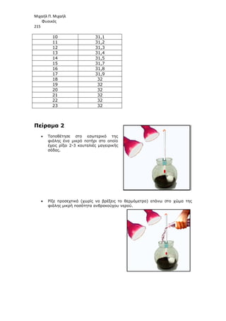 Μιχαήλ Π. Μιχαήλ
Φυσικός
215
10 31,1
11 31,2
12 31,3
13 31,4
14 31,5
15 31,7
16 31,8
17 31,9
18 32
19 32
20 32
21 32
22 32
23 32
Πείραµα 2
• Τοποθέτησε στο εσωτερικό της
φιάλης ένα µικρό ποτήρι στο οποίο
έχεις ρίξει 2-3 κουταλιές µαγειρικής
σόδας.
• Ρίξε προσεχτικά (χωρίς να βρέξεις το θερµόµετρο) επάνω στο χώµα της
φιάλης µικρή ποσότητα ανθρακούχου νερού.
 