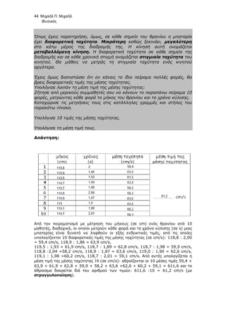 44 Μιχαήλ Π. Μιχαήλ
Φυσικός
Όπως έχεις παρατηρήσει, όµως, σε κάθε σηµείο του θρανίου η µπαταρία
έχει διαφορετική ταχύτητα. Μικρότερη καθώς ξεκινάει, µεγαλύτερη
στο κάτω µέρος της διαδροµής της. Η κίνησή αυτή ονοµάζεται
µεταβαλλόµενη κίνηση. Η διαφορετική ταχύτητα σε κάθε σηµείο της
διαδροµής και σε κάθε χρονική στιγµή ονοµάζεται στιγµιαία ταχύτητα του
κινητού. Θα µάθεις να µετράς τη στιγµιαία ταχύτητα ενός κινητού
αργότερα.
Έχεις όµως διαπιστώσει ότι αν κάνεις το ίδιο πείραµα πολλές φορές, θα
βρεις διαφορετικές τιµές της µέσης ταχύτητας.
Υπολόγισε λοιπόν τη µέση τιµή της µέσης ταχύτητας:
Ζήτησε από µερικούς συµµαθητές σου να κάνουν το παραπάνω πείραµα 10
φορές, µετρώντας κάθε φορά το µήκος του θρανίου και το χρόνο κύλισης.
Καταχώρισε τις µετρήσεις τους στις κατάλληλες γραµµές και στήλες του
παρακάτω πίνακα.
Υπολόγισε 10 τιµές της µέσης ταχύτητας.
Υπολόγισε τη µέση τιµή τους.
Απάντηση:
Από τον πειραµατισµό µε µέτρηση του µήκους (σε cm) ενός θρανίου από 10
µαθητές, διαδοχικά, οι οποίοι µετρούν κάθε φορά και το χρόνο κύλισης (σε s) µιας
µπαταρίας είναι δυνατό να ληφθούν οι εξής ενδεικτικές τιµές, από τις οποίες
υπολογίζονται 10 διαφορετικές τιµές της µέσης ταχύτητας (σε cm/s): 118,8 : 2,00
= 59,4 cm/s, 118,9 : 1,86 = 63,9 cm/s,
119,5 : 1,93 = 61,9 cm/s, 118,7 : 1,89 = 62,8 cm/s, 118,7 : 1,98 = 59,9 cm/s,
118,8 :2,04 =58,2 cm/s, 118,9 : 1,87 = 63,6 cm/s, 119,0 : 1,90 = 62,6 cm/s,
119,1 : 1,98 =60,2 cm/s, 118,7 : 2,01 = 59,1 cm/s. Από αυτές υπολογίζεται η
µέση τιµή της µέσης ταχύτητας 16 (σε cm/s): αθροίζονται οι 10 µέσες τιµές 59,4 +
63,9 + 61,9 + 62,8 + 59,9 + 58,2 + 63,6 +62,6 + 60,2 + 59,1 = 611,6 και το
άθροισµα διαιρείται διά του αριθµού των τιµών: 611,6 :10 = 61,2 cm/s (µε
στρογγυλοποίηση).
 