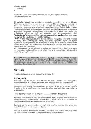 Μιχαήλ Π. Μιχαήλ
Φυσικός
71
περίπου διπλάσια, ενώ για τα µισά σταθµά η επιµήκυνση του ελατηρίου
υποδιπλασιάζεται κ.ο.κ.
2.Η ευθεία γραµµή που σχεδιάστηκε εκφράζει γραφικά το νόµο του Hooke.
Πράγµατι η γραφική παράσταση υποδηλώνει ότι η εξάρτηση της επιµήκυνσης µε το
βάρος των σταθµών είναι γραµµική, και άρα τα ποσά, βάρος (δύναµη) –
επιµήκυνση, είναι ανάλογα. Βέβαια αν χρησιµοποιήσουµε κάποιο άλλο ελατήριο
(περισσότερο σκληρό ή λιγότερο) θα προκύψει µια ευθεία λιγότερο ή περισσότερο
«απότοµη». Πράγµατι επιβεβαιώνεται πειραµατικά ότι η κλίση της ευθείας που
σχεδιάστηκε εξαρτάται από το ελατήριο που χρησιµοποιήθηκε. Όσο
σκληρότερο είναι το ελατήριο τόσο µικρότερη είναι η κλίση, άρα και η γωνία
που σχηµατίζει η ευθεία µε τον οριζόντιο άξονα.
ΠΑΡΑΤΗΡΗΣΗ: Θα µπορούσαµε να έχουµε τις τιµές των µαζών (και κατά συνέπεια
τα βάρη) στον κατακόρυφο άξονα, ενώ στον οριζόντιο άξονα να έχουµε
σχεδι’ασδει την επιµήκυνση του ελατηρίου. Σε αυτή την περίπτωση αποδεικνύεται
ότι όσο πιο σκληρό είναι το ελατήριο τόσο µεγαλύτερη θα είναι και η κλίση άρα και
η σταθερά Κ του ελατηρίου.
Στην πραγµατικότητα η σταθερά Κ στο νόµο του Hooke (F=K∙x) θα είναι σε αυτήν
την περίπτωση αριθµητικά ίση µε την κλίση (γωνία θ) της ευθείας. Μαθηµατικά το
συµβολίζουµε ως Κ=εφθ.
5. Με αυτή τη διαδικασία και το διάγραµµα που συµπλήρωσες έχεις
κάνει τη βαθµονόµηση του αυτοσχέδιου δυναµόµετρού σου. Σκέψου πώς
θα µπορούσες να µετρήσεις τη µάζα ενός σώµατος µε τη βοήθεια του
παραπάνω διαγράµµατος.
Απάντηση:
Η απάντηση δίνεται µε το παρακάτω πείραµα 3.
Πείραµα 3
Βεβαιώσου ότι το σηµείο που δένεται το άδειο πιατάκι του αυτοσχέδιου
δυναµόµετρου µε το ελατήριο βρίσκεται στην αρχή (τιµή 0) της µετροταινίας.
Τοποθέτησε στο πιατάκι ένα αντικείµενο του οποίου θέλεις να µετρήσεις τη µάζα.
Βεβαιώσου ότι η επιµήκυνση του ελατηρίου είναι µέσα στα όρια των τιµών της
µετροταινίας.
Γράψε την επιµήκυνση του ελατηρίου: …………… εκατοστά του µέτρου.
Αφαίρεσε το αντικείµενο από το δυναµόµετρο. Βρες τη µάζα του αντικειµένου
χρησιµοποιώντας το διάγραµµα επιµήκυνσης - µάζας που έχεις σχεδιάσει στο
προηγούµενο πείραµα και ακολουθώντας τις οδηγίες:
Σηµείωσε µε ένα µικρό βελάκι την τιµή της επιµήκυνσης του ελατηρίου στην
κατάλληλη θέση του κατακόρυφου άξονα.
Σύρε µία οριζόντια γραµµή από το βελάκι αυτό έως ότου συναντήσεις την ευθεία
του διαγράµµατος που έχεις σχεδιάσει στο προηγούµενο πείραµα.
 