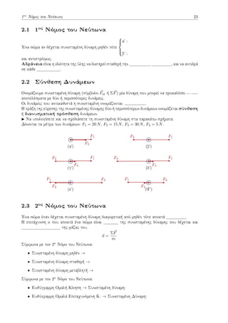 1ος Νόμος του Νεύτωνα 23
2.1 1ος
Νόμος του Νεύτωνα
Ένα σώμα αν δέχεται συνισταμένη δύναμη μηδέν τότε





αʹ :
βʹ :
και αντιστρόφως.
Αδράνεια είναι η ιδιότητα της ύλης να διατηρεί σταθερή την , και να αντιδρά
σε κάθε .
2.2 Σύνθεση Δυνάμεων
Ονομάζουμε συνισταμένη δύναμη (σύμβολο ⃗
Fολ ή Σ⃗
F) μία δύναμη που μπορεί να προκαλέσει
αποτελέσματα με δύο ή περισσότερες δυνάμεις.
Οι δυνάμεις που αντικαθιστά η συνισταμένη ονομάζονται: .
Η πράξη της εύρεσης της συνισταμένης δύναμης δύο ή περισσότερων δυνάμεων ονομάζεται σύνθεση
ή διανυσματική πρόσθεση δυνάμεων.
▶ Να υπολογίσετε και να σχεδιάσετε τη συνισταμένη δύναμη στα παρακάτω σχήματα.
Δίνονται τα μέτρα των δυνάμεων: F1 = 20 N, F2 = 15 N, F3 = 30 N, F4 = 5 N.
F1
F2
(αʹ)
F1
F2
(βʹ)
F1
F4
F2
(γʹ)
F1
F4
F3
(δʹ)
F3
F2
F1
(εʹ)
F2
F4
F1
(Ϛʹ)
2.3 2ος
Νόμος του Νεύτωνα
Ένα σώμα όταν δέχεται συνισταμένη δύναμη διαφορετική από μηδέν τότε αποκτά .
Η επιτάχυνση a που αποκτά ένα σώμα είναι της συνισταμένης δύναμης που δέχεται και
της μάζας του.
⃗
a =
Σ⃗
F
m
Σύμφωνα με τον 2ο Νόμο του Νεύτωνα:
• Συνισταμένη δύναμη μηδέν →
• Συνισταμένη δύναμη σταθερή →
• Συνισταμένη δύναμη μεταβλητή →
Σύμφωνα με τον 2ο Νόμο του Νεύτωνα:
• Ευθύγραμμη Ομαλή Κίνηση → Συνισταμένη δύναμη:
• Ευθύγραμμη Ομαλά Επιταχυνόμενη Κ. → Συνισταμένη Δύναμη:
 