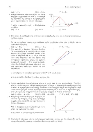 70 Γ. Χ. Παπαδημητρίου
(αʹ) t = 2 s (βʹ) t = 1.5 s (γʹ) t = 3 s
5. Μία μπίλια κινείται πάνω στον άξονα x′x και τη
στιγμή t = 0 βρίσκεται στη θέση x0 = 0. Η τιμή
της ταχύτητας της μπίλιας σε συνάρτηση με το
χρόνο παριστάνεται στο διπλανό διάγραμμα.
Η μπίλια τη χρονική στιγμή t = 30 s βρίσκεται
στη θέση
10 20 25 30
−5
10
t (5)
v (m
5 )
0
(αʹ) 125 m (βʹ) 100 m (γʹ) 75 m
6. Δύο πέτρες Α, και Β αφήνονται αντίστοιχα από τα ύψη hA, hB πάνω από το έδαφος να εκτελέσουν
ελεύθερη πτώση.
Αν για τους χρόνους πτώσης μέχρι το έδαφος ισχύει η σχέση tA = 2tB, τότε τα ύψη hA και hB
ικανοποιούν τη σχέση:
(αʹ) hA = 2hB (βʹ) hA = 4hB (γʹ) hA = 8hB
7. Δύο μαθητές, ο Αντώνης (Α) και ο Βασίλης
(Β) συναγωνίζονται με τα ποδήλατά τους ποιος
από τους δύο μπορεί να φτάσει πρώτος να κι-
νείται με ταχύτητα ίση με 25 km/h. Για τον
λόγο αυτό σταματούν στο ίδιο σημείο ενός
ευθύγραμμου οριζόντιου δρόμου και αρχίζουν
τη χρονική στιγμή t = 0 να κινούνται παράλ-
ληλα. Στο διπλανό διάγραμμα φαίνεται η γρα-
φική παράσταση ταχύτητας - χρόνου για τους
δύο μαθητές.
t
v
0
A
B
Ο μαθητής που θα καταφέρει πρώτος να "φτάσει" τα 25 km/h, είναι:
α) ο Αντώνης β) ο Βασίλης γ) κανένας από τους δύο
8. Σφαίρα μικρών διαστάσεων βρίσκεται ακίνητη σε μικρό ύψος h πάνω από το έδαφος. Στο ύψος
αυτό με επίπεδο αναφοράς για τη δυναμική ενέργεια το έδαφος, η σφαίρα έχει δυναμική ενέργεια ίση
με 120 J. Η σφαίρα αφήνεται ελεύθερη, οπότε εκτελεί ελεύθερη πτώση με την επίδραση του αέρα
να θεωρείται αμελητέα. Όταν η σφαίρα βρεθεί σε απόσταση ίση με h/4, από το σημείο εκκίνησης,
τότε η δυναμική της ενέργεια U και η κινητική της ενέργεια K θα είναι αντίστοιχα:
(αʹ) U = 30 J, K = 90 J (βʹ) U = 60 J, K = 60 J (γʹ) U = 90 J, K = 30 J
9. Ένας σκιέρ κινείται ευθύγραμμα. Η γραφική πα-
ράσταση της θέσης του σκιέρ σε συνάρτηση με
το χρόνο είναι παραβολή και παριστάνεται στο
διπλανό διάγραμμα.
Από το διάγραμμα αυτό συμπεραίνουμε ότι το
μέτρο της ταχύτητας του σκιέρ:
α) αυξάνεται. β) μειώνεται γ) δε μεταβάλλεται
t1
x1
t
v
0
10. Στο διπλανό διάγραμμα φαίνεται το διάγραμμα ταχύτητας - χρόνου, για δύο σώματα Σ1 και Σ2
που κινούνται ευθύγραμμα με σταθερή επιτάχυνση, σε οριζόντιο δρόμο.
 