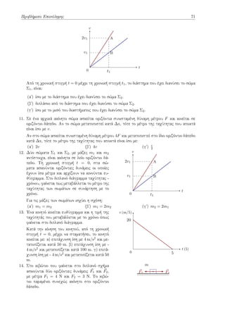 Προβλήματα Επανάληψης 71
t1
v1
2v1
t
v
0
A
B
Από τη χρονική στιγμή t = 0 μέχρι τη χρονική στιγμή t1, το διάστημα που έχει διανύσει το σώμα
Σ1, είναι:
(αʹ) ίσο με το διάστημα που έχει διανύσει το σώμα Σ2.
(βʹ) διπλάσιο από το διάστημα που έχει διανύσει το σώμα Σ2.
(γʹ) ίσο με το μισό του διαστήματος που έχει διανύσει το σώμα Σ2.
11. Σε ένα αρχικά ακίνητο σώμα ασκείται οριζόντια συνισταμένη δύναμη μέτρου F και κινείται σε
οριζόντιο δάπεδο. Αν το σώμα μετατοπιστεί κατά Δx, τότε το μέτρο της ταχύτητας που αποκτά
είναι ίσο με v.
Αν στο σώμα ασκείται συνισταμένη δύναμη μέτρου 4F και μετατοπιστεί στο ίδιο οριζόντιο δάπεδο
κατά Δx, τότε το μέτρο της ταχύτητας που αποκτά είναι ίσο με:
(αʹ) 2v (βʹ) 4v (γʹ) v
2
12. Δύο σώματα Σ1 και Σ2, με μάζες m1 και m2
αντίστοιχα, είναι ακίνητα σε λείο οριζόντιο δά-
πεδο. Τη χρονική στιγμή t = 0, στα σώ-
ματα ασκούνται οριζόντιες δυνάμεις οι οποίες
έχουν ίσα μέτρα και αρχίζουν να κινούνται ευ-
θύγραμμα. Στο διπλανό διάγραμμα ταχύτητας -
χρόνου, φαίνεται πως μεταβάλλεται το μέτρο της
ταχύτητας των σωμάτων σε συνάρτηση με το
χρόνο.
Για τις μάζες των σωμάτων ισχύει η σχέση:
t1
v1
2v1
t
v
0
A
B
(αʹ) m1 = m2 (βʹ) m1 = 2m2 (γʹ) m2 = 2m1
13. Ένα κινητό κινείται ευθύγραμμα και η τιμή της
ταχύτητάς του μεταβάλλεται με το χρόνο όπως
φαίνεται στο διπλανό διάγραμμα.
Κατά την κίνηση του κινητού, από τη χρονική
στιγμή t = 0, μέχρι να σταματήσει, το κινητό
κινείται με: α) επιτάχυνση ίση με 4 m/s2 και με-
τατοπίζεται κατά 50 m. β) επιτάχυνση ίση με -
4 m/s2 και μετατοπίζεται κατά 100 m. γ) επιτά-
χυνση ίση με - 4 m/s2 και μετατοπίζεται κατά 50
m.
5
20
t (5)
v (m/5)
0
14. Στο κιβώτιο που φαίνεται στο διπλανό σχήμα
ασκούνται δύο οριζόντιες δυνάμεις ⃗
F1 και ⃗
F2,
με μέτρα F1 = 4 Ν και F2 = 3 N. Το κιβώ-
τιο παραμένει συνεχώς ακίνητο στο οριζόντιο
δάπεδο.
m
⃗
F1
⃗
F2
 