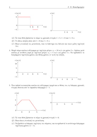 4 Γ. Χ. Παπαδημητρίου
5 6 8
−4
8
t (s)
v (m/s)
0
5 6 8 t (s)
x (m)
0
(αʹ) Σε ποια θέση βρίσκεται το σώμα τις χρονικές στιγμές t = 5, t = 6 και t = 8 s;
(βʹ) Τι είδους κίνηση κάνει από t = 6 έως t = 8 s;
(γʹ) Ποια η συνολική του μετατόπιση, ποιο το διάστημα που διένυσε και ποια η μέση ταχύτητά
του;
4. Μικρό σώμα κινείται ευθύγραμμα με ταχύτητα μέτρου v1 = 10 m/s για χρόνο 5 s. Αμέσως μετά
κινείται με αντίθετη φορά με ταχύτητα μέτρου v2 = 5 m/s για χρόνο 4 s. Να σχεδιάσετε τα
διαγράμματα ταχύτητας-χρόνου και θέσης-χρόνου γι' αυτή την κίνηση.
2 4 6 8
−5
5
10
t (s)
v (m/s)
0
2 4 6 8 t (s)
x (m)
0
5. Ένα παιδικό αυτοκινητάκι κινείται σε ευθύγραμμη τροχιά και οι θέσεις του τις διάφορες χρονικές
στιγμές δίνονται από το παρακάτω διάγραμμα x − t.
0 2 5
2
4
t (s)
x (m)
0
2 5 8
t (s)
v (m/s)
0
(αʹ) Σε ποια θέση βρίσκεται το σώμα τη χρονική στιγμή t = 0;
(βʹ) Ποια είναι η συνολική του μετατόπιση;
(γʹ) Να βρεθούν οι διάφορες ταχύτητες του σώματος, και να σχεδιαστεί το αντίστοιχο διάγραμμα
ταχύτητας-χρόνου (v − t).
 