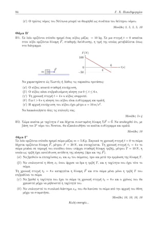 94 Γ. Χ. Παπαδημητρίου
(εʹ) Ο πρώτος νόμος του Νεύτωνα μπορεί να θεωρηθεί ως συνέπεια του δεύτερου νόμου.
Μονάδες 5, 5, 5, 5, 10
Θέμα Βʹ
Βʹ1. Σε λείο οριζόντιο επίπεδο ηρεμεί ένας κύβος μάζας = 10 kg. Σε μια στιγμή t = 0 ασκείται
στον κύβο οριζόντια δύναμη ⃗
F, σταθερής διεύθυνσης, η τιμή της οποίας μεταβάλλεται όπως
στο διάγραμμα.
m
⃗
F 4
−50
100
t(s)
F(N)
0
6
Να χαρακτηρίσετε ώς Σωστές ή Λάθος τις παρακάτω προτάσεις:
(αʹ) Ο κύβος αποκτά σταθερή επιτάχυνση.
(βʹ) Ο κύβος κάνει επιβραδυνόμενη κίνηση για 0 ≤ t ≤ 6 s.
(γʹ) Τη χρονική στιγμή t = 4 s ο κύβος ισορροπεί.
(δʹ) Για t > 6 s η κίνηση του κύβου είναι ευθύγραμμη και ομαλή.
(εʹ) Η αρχική επιτάχυνση του κύβου έχει μέτρο a = 10 m/s2.
Να δικαιολογήσετε όλες τις επιλογές σας.
Μονάδες 5×4
Βʹ2. Σώμα κινείται με ταχύτητα ⃗
v και δέχεται συνισταμένη δύναμη Σ⃗
F = ⃗
0. Να αποδειχθεί ότι, με
βάση τον 2o νόμο του Newton, θα εξακολουθήσει να κινείται ευθύγραμμα και ομαλά.
Μονάδες 10
θέμα Γʹ
Σε λείο οριζόντιο επίπεδο ηρεμεί σώμα μάζας m = 5 Kg. Ξαφνικά τη χρονική στιγμή t = 0 το σώμα
δέχεται οριζόντια δύναμη ⃗
F, μέτρου F = 20 N, και επιταχύνεται. Τη χρονική στιγμή t1 = 4 s το
σώμα μπαίνει σε περιοχή του επιπέδου όπου υπάρχει σταθερή δύναμη τριβής, μέτρου T = 10 N, η
οποία ως τριβή έχει κατεύθυνση αντίθετη της κίνησης (άρα και της ⃗
F).
(αʹ) Να βρεθούν οι επιταχύνσεις a1 και a2 του σώματος, πριν και μετά την εμφάνιση της δύναμη T.
(βʹ) Να υπολογιστεί η θέση x1 όπου άρχισε να δρα η τριβή T, και η ταχύτητα που έχει τότε το
σώμα.
Τη χρονική στιγμή t2 = 8 s καταργείται η δύναμη ⃗
F και στο σώμα μένει μόνο η τριβή T που
επιβραδύνει το σώμα.
(γʹ) Να βρεθεί η ταχύτητα που έχει το σώμα τη χρονική στιγμή t2 = 8 s και ο χρόνος που θα
χρειαστεί μέχρι να μηδενιστεί η ταχύτητά του.
(δʹ) Να υπολογιστεί το συνολικό διάστημα xολ που θα διανύσει το σώμα από την αρχική του θέση
μέχρι να σταματήσει.
Μονάδες 10, 10, 10, 10
Καλή επιτυχία…
 